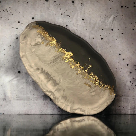 Zoe’s Crafty Shop Jesmonite Large Oval Tray- Grey, Marble & Gold Leaf