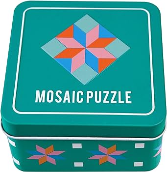 Wooden mosaic puzzle in a tin