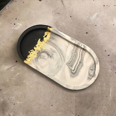 Zoe’s Crafty Shop Jesmonite Oval Tray - Grey & Grey Marble with Gold