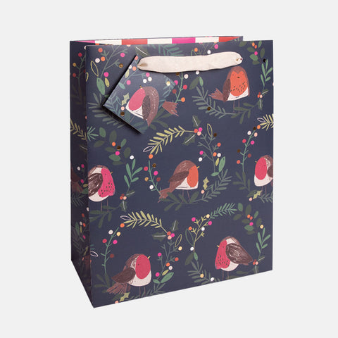 Robins In Wreaths Navy Large Gift Bag, Caroline Gardner